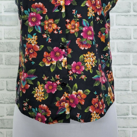 Vintage Cristin Stevens Floral Button Front Blouse Sleeveless Black Collared Top - Picture 4 of 10